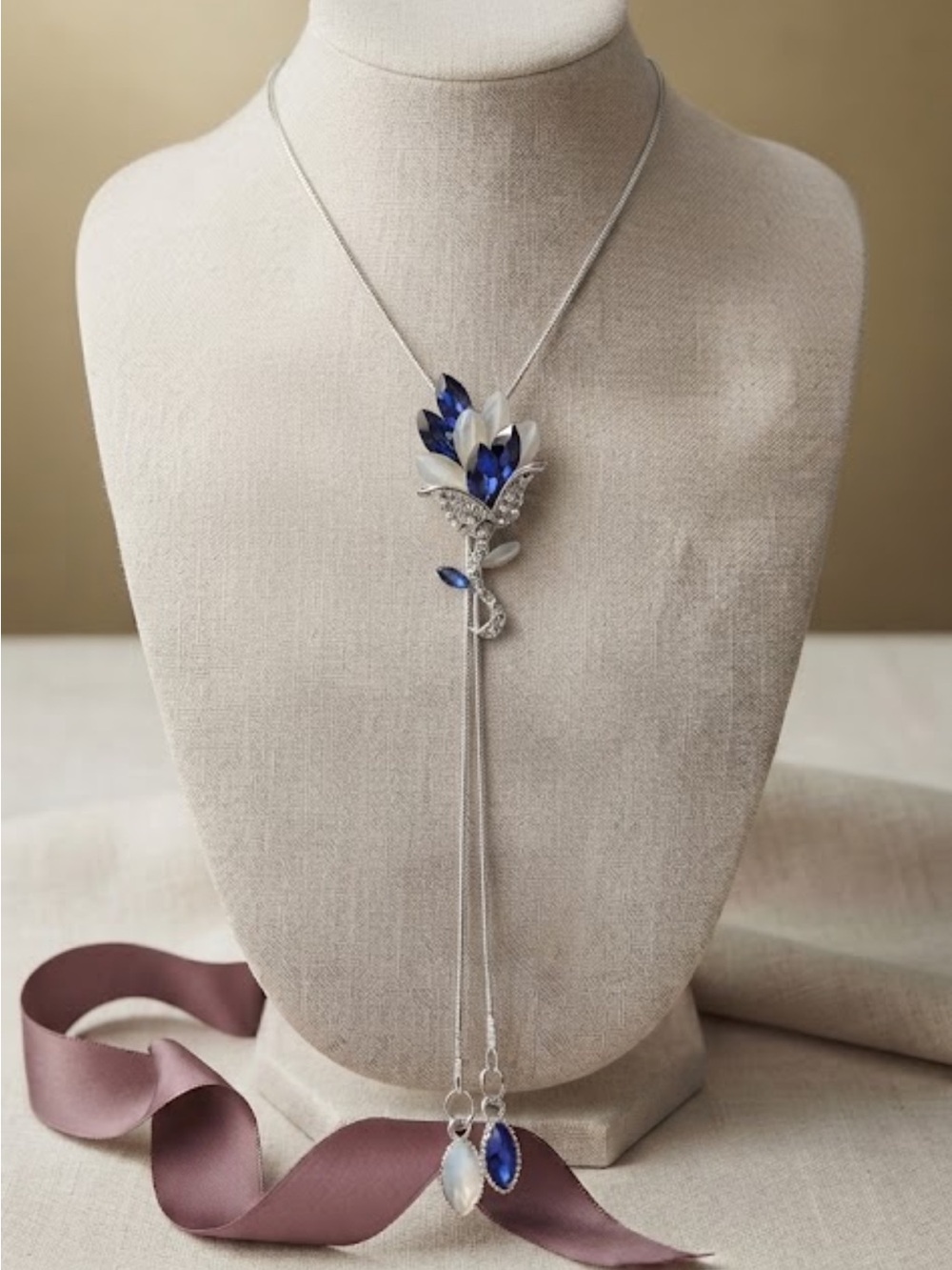 Blue & Clear Rhinestone Flower Bolo Tassel Necklace